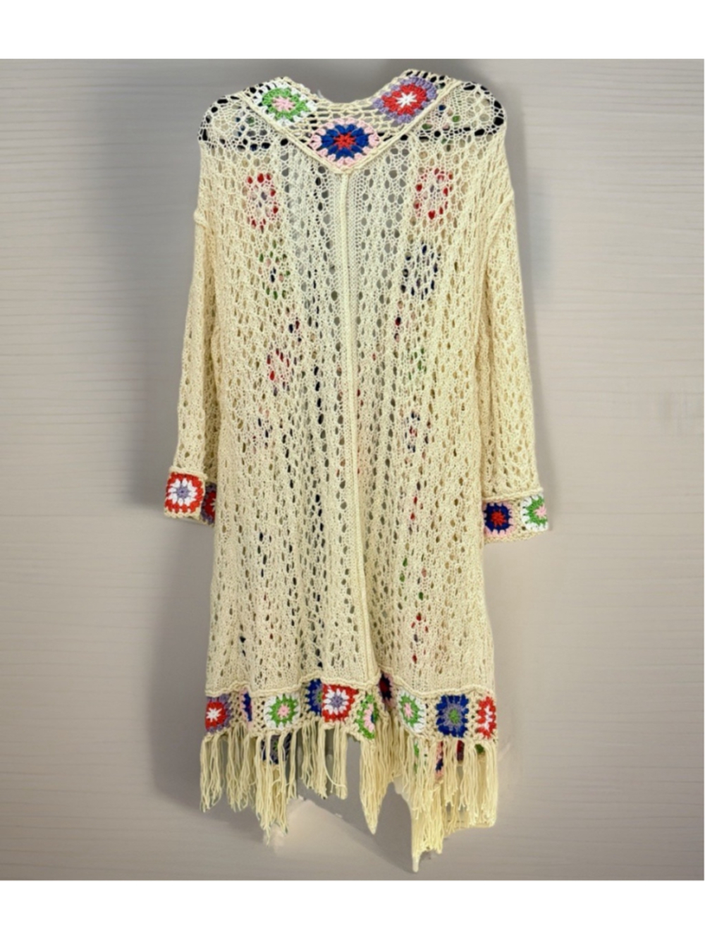 POL Crochet Knit Boho Cardigan Large Cream Granny Square Fringe Duster Sweater - Picture 7 of 10